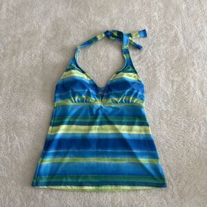 Nautica Tankini Top Size 8 Blue Green Striped Halter Swim Top Padded Cups